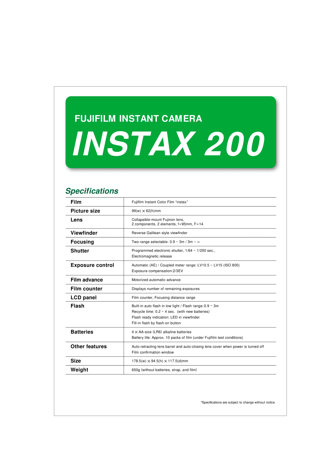 FujiFilm 200 specifications Instax, Specifications 