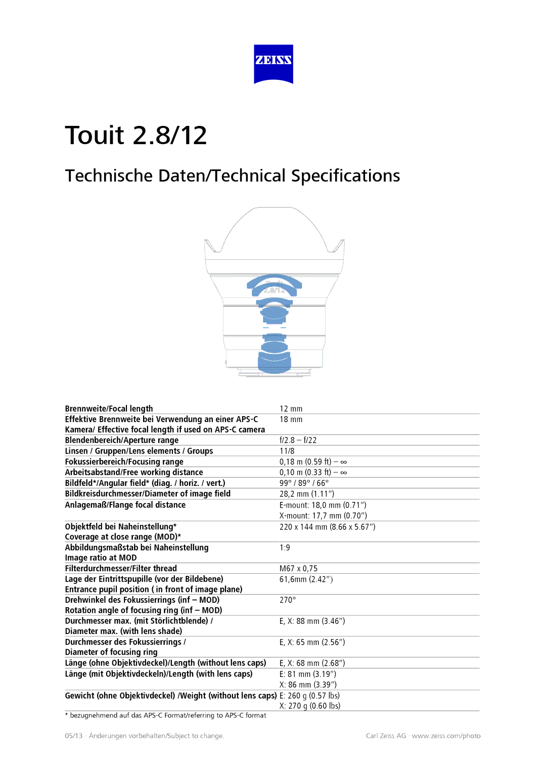 FujiFilm 2030526 technical specifications Touit 2.8/12, Technische Daten/Technical Specifications 