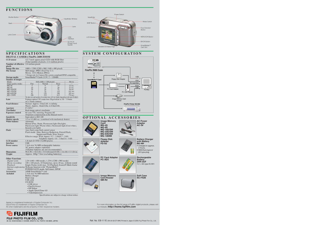 FujiFilm 2600 specifications N C T I O N S 