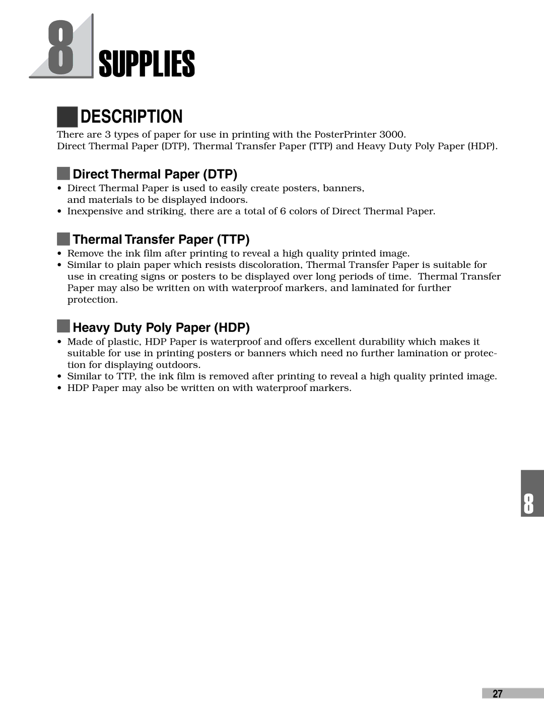 FujiFilm 3000 manual Supplies, Description, Direct Thermal Paper DTP, Thermal Transfer Paper TTP, Heavy Duty Poly Paper HDP 