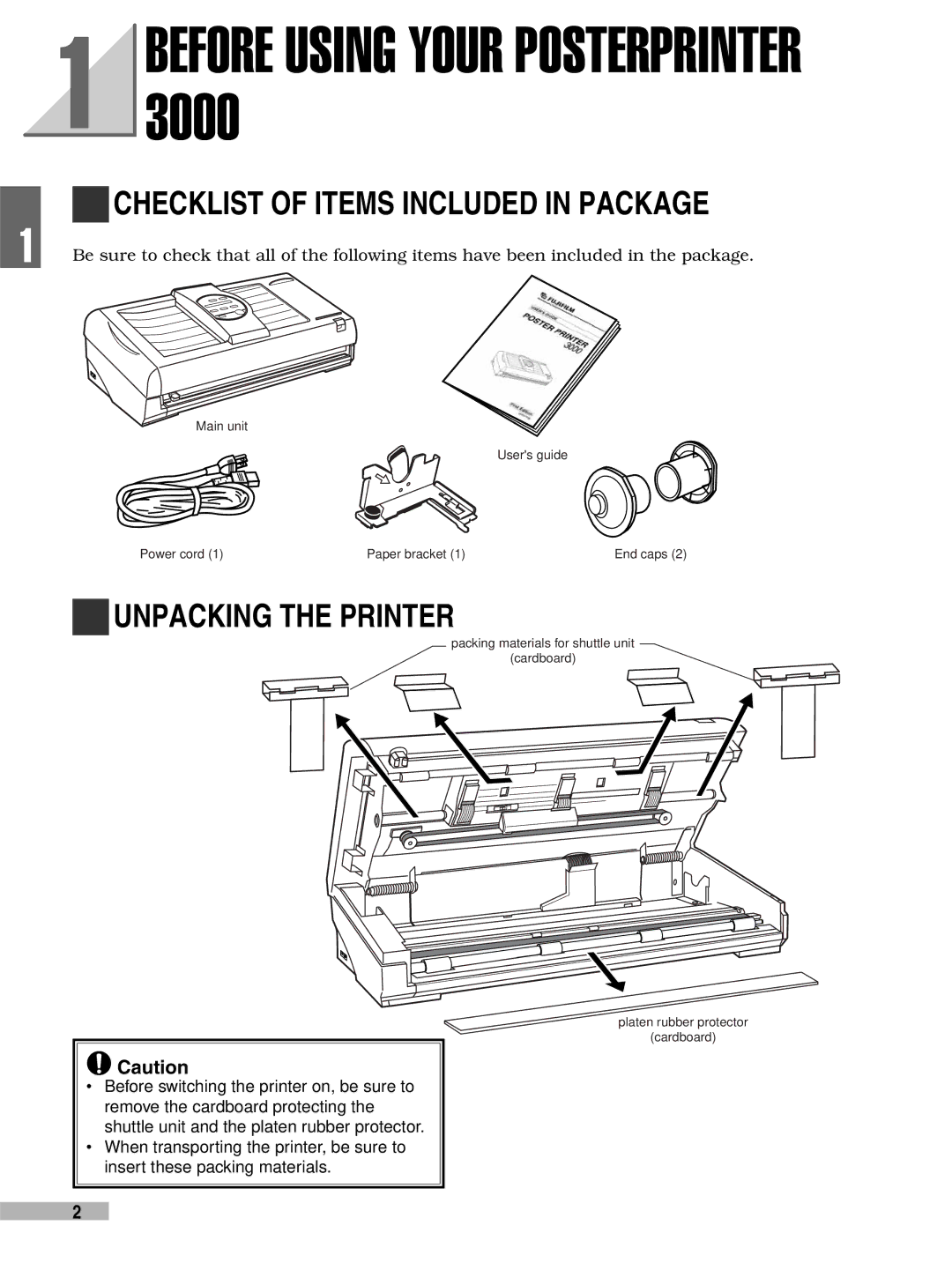 FujiFilm 3000 manual Checklist of Items Included in Package, Unpacking the Printer 