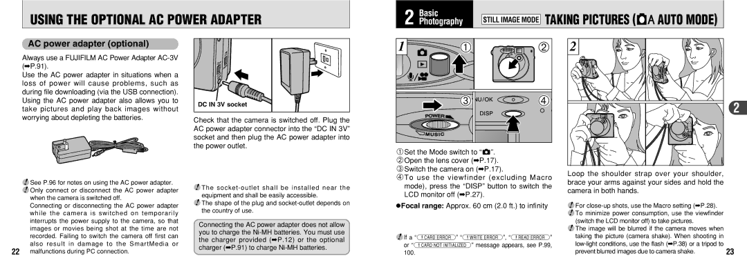 FujiFilm 30i Using the Optional AC Power Adapter, AC power adapter optional, Photography Still Image Mode, DC in 3V socket 