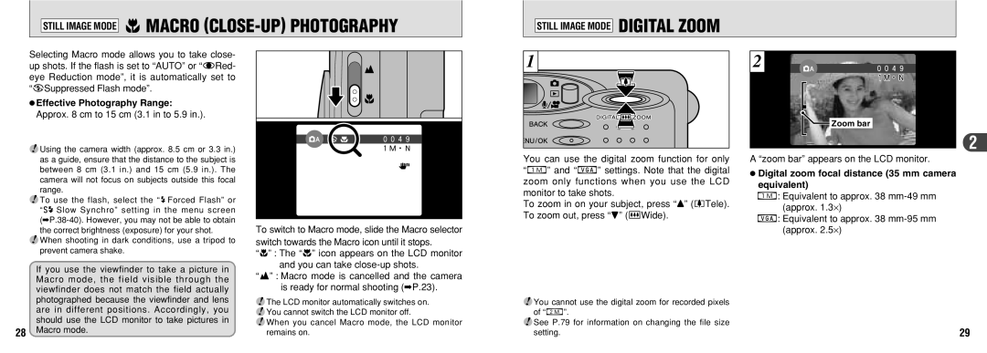 FujiFilm 30i manual Still Image Mode iMACRO CLOSE-UP Photography, Zoom bar appears on the LCD monitor 