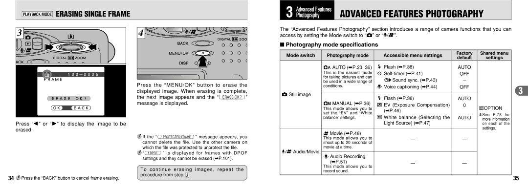 FujiFilm 30i manual Photography mode specifications, Press d or c to display the image to be erased 