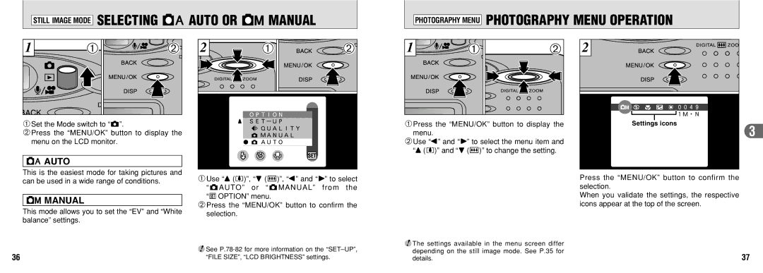 FujiFilm 30i manual Auto, Settings icons 