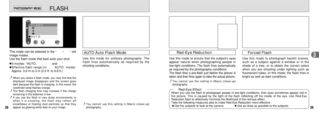 FujiFilm 30i manual Auto Auto Flash Mode, Red-Eye Reduction, YForced Flash, Photography Menu yFLASH, Red-Eye Effect 