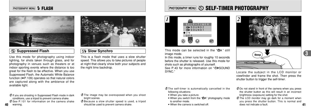 FujiFilm 30i manual Photography MENUoSELF-TIMER Photography, USuppressed Flash Slow Synchro, Photography Menu yFLASH 