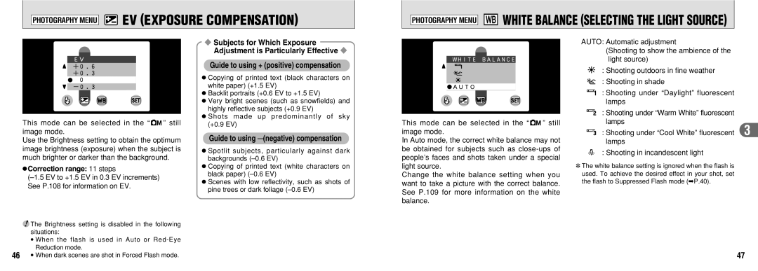 FujiFilm 30i manual Photography Menu aEV Exposure Compensation, Photography Menu sWHITE Balance Selecting the Light Source 