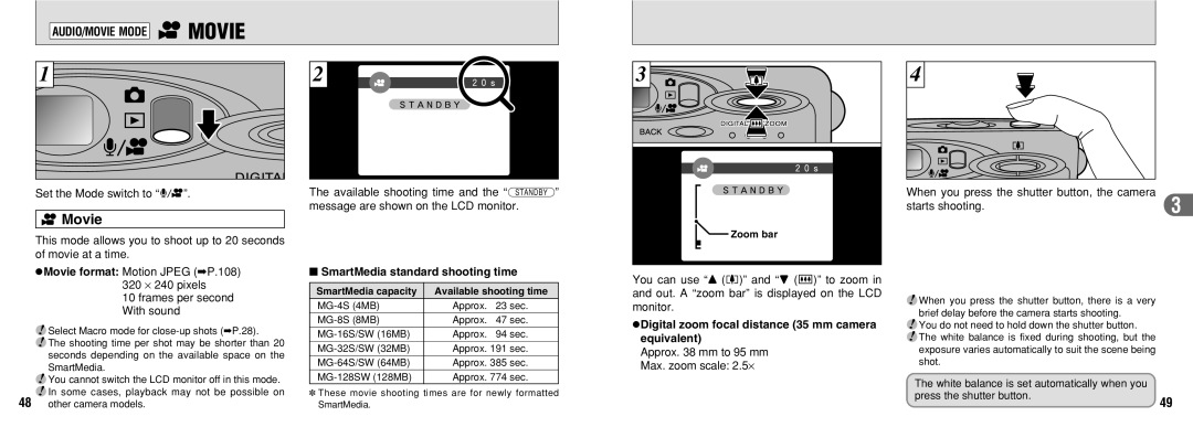 FujiFilm 30i Movie, AUDIO/MOVIE Mode eMOVIE, SmartMedia standard shooting time, Approx mm to 95 mm Max. zoom scale 2.5⋅ 