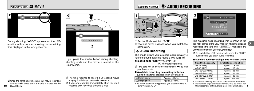 FujiFilm 30i Audio Recording, Recording format Wave P.109 PCM recording format, Available recording time using batteries 