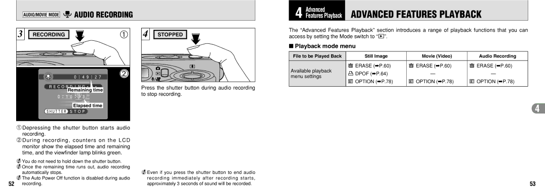 FujiFilm 30i manual Playback mode menu, Remaining time, Elapsed time 