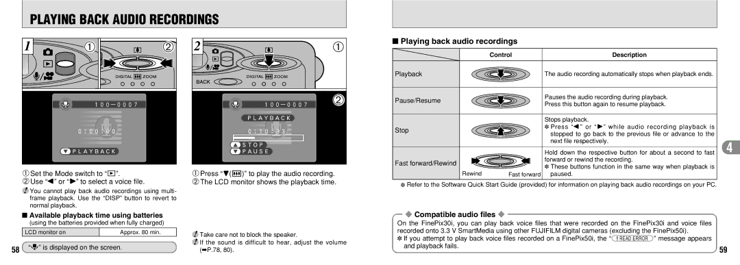 FujiFilm 30i manual Playing Back Audio Recordings, Playing back audio recordings, Available playback time using batteries 