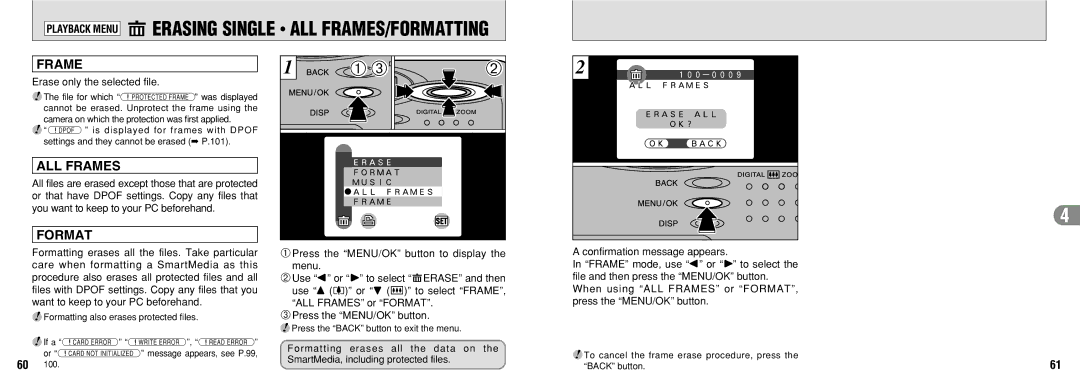 FujiFilm 30i manual Playback Menu gERASING Single ALL FRAMES/FORMATTING, Erase only the selected file 