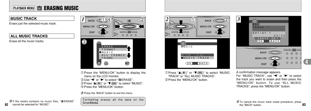 FujiFilm 30i manual Playback Menu gERASING Music, Erase just the selected music track, 1Press a or b to select Music 