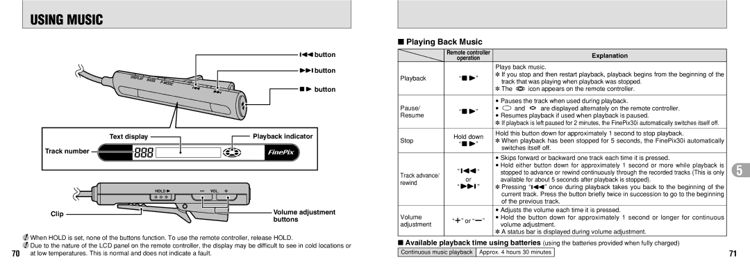 FujiFilm 30i manual Using Music, Playing Back Music, Explanation 