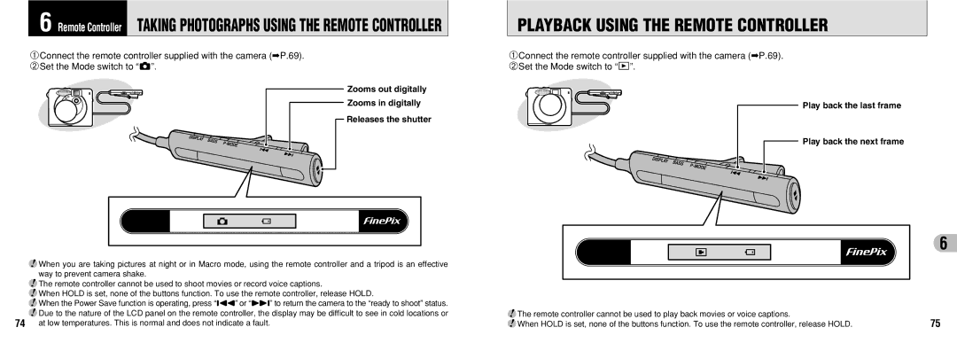 FujiFilm 30i manual Playback Using the Remote Controller, Zooms out digitally Zooms in digitally Releases the shutter 