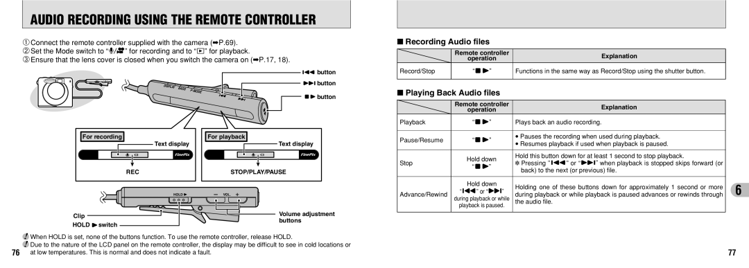 FujiFilm 30i manual Audio Recording Using the Remote Controller, Recording Audio files, Playing Back Audio files 