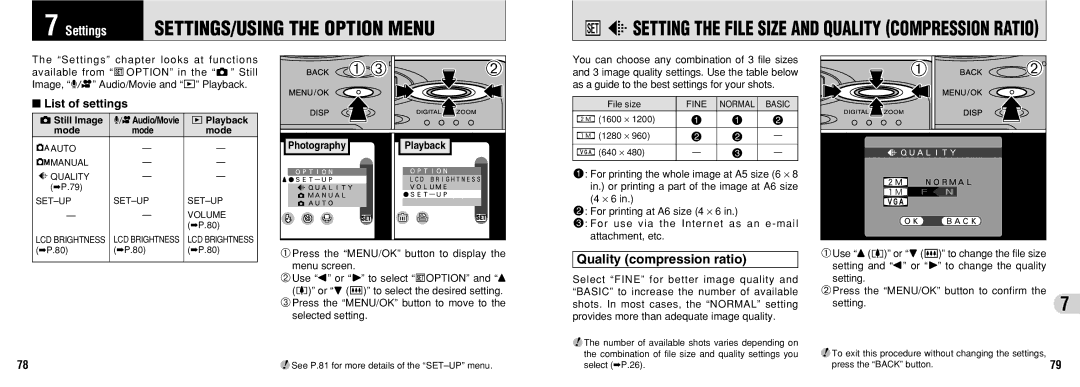 FujiFilm 30i manual DjSETTING the File Size and Quality Compression Ratio, Quality compression ratio, List of settings 