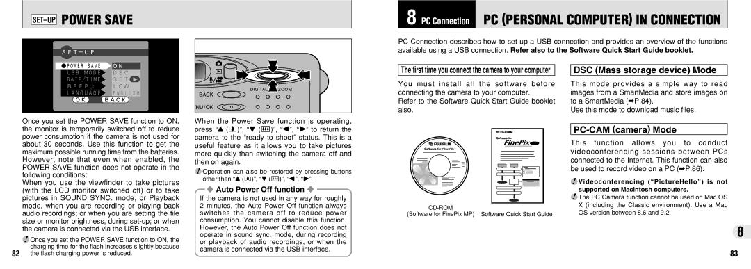 FujiFilm 30i manual SET-UP Power Save, DSC Mass storage device Mode, PC-CAM camera Mode 