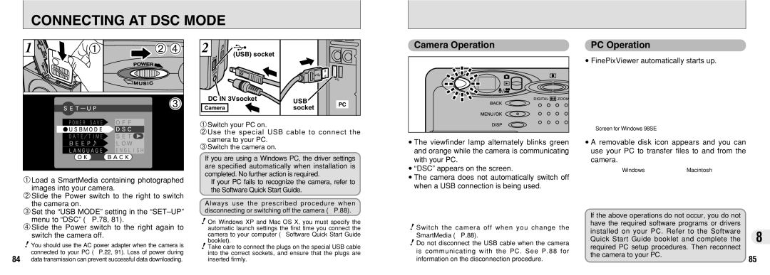 FujiFilm 30i manual Connecting AT DSC Mode, Camera Operation PC Operation, USB socket DC in 3Vsocket 