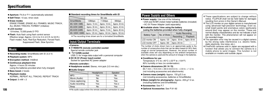 FujiFilm 30i manual Specifications, 106, 107 