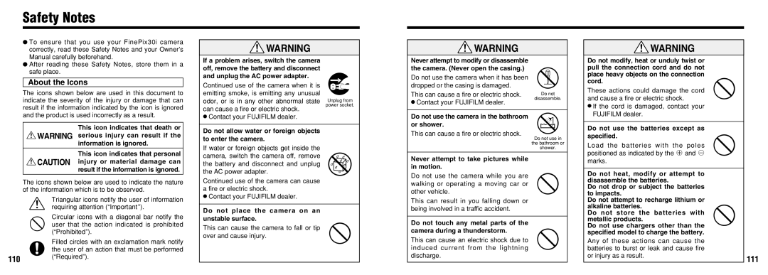 FujiFilm 30i manual Safety Notes, 111, About the Icons 