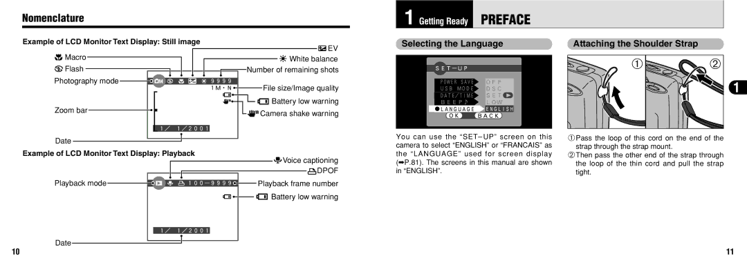 FujiFilm 30i manual Nomenclature, Selecting the Language Attaching the Shoulder Strap 