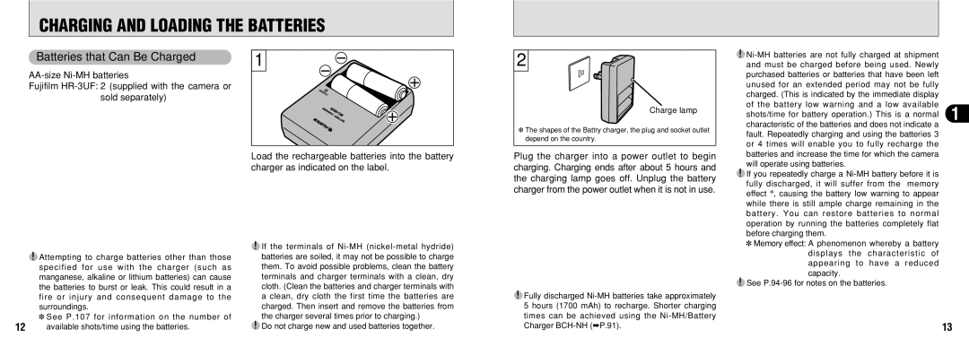 FujiFilm 30i manual Charging and Loading the Batteries, Batteries that Can Be Charged, Charge lamp 