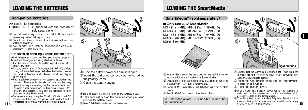 FujiFilm 30i manual Loading the Batteries, Loading the SmartMedia, Compatible batteries, SmartMediasold separately 