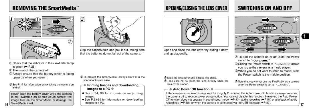 FujiFilm 30i manual Removing the SmartMedia, Switching on and OFF, Images to a PC, Auto Power Off function 