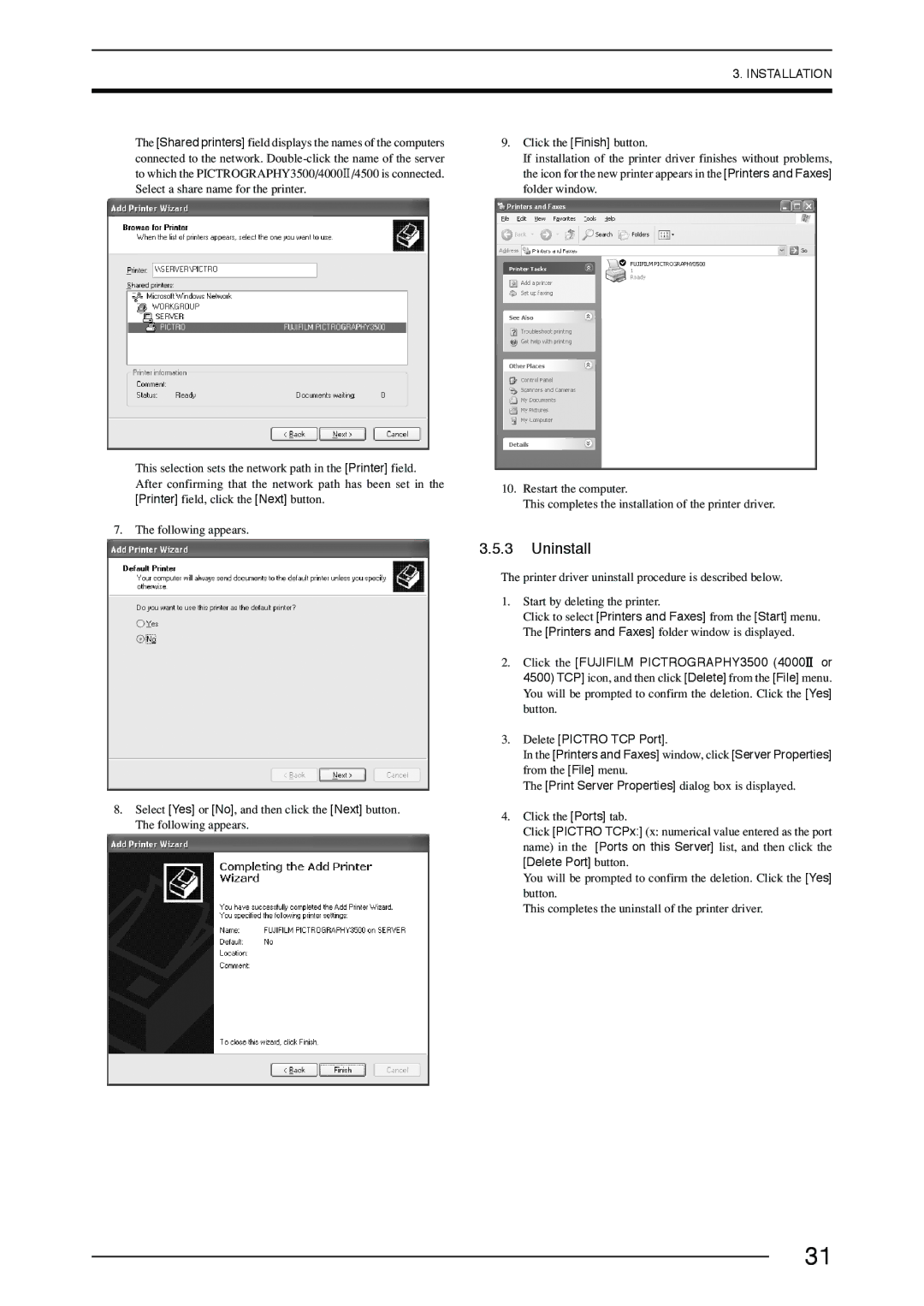 FujiFilm 3500, 40002, 4500 manual Uninstall 