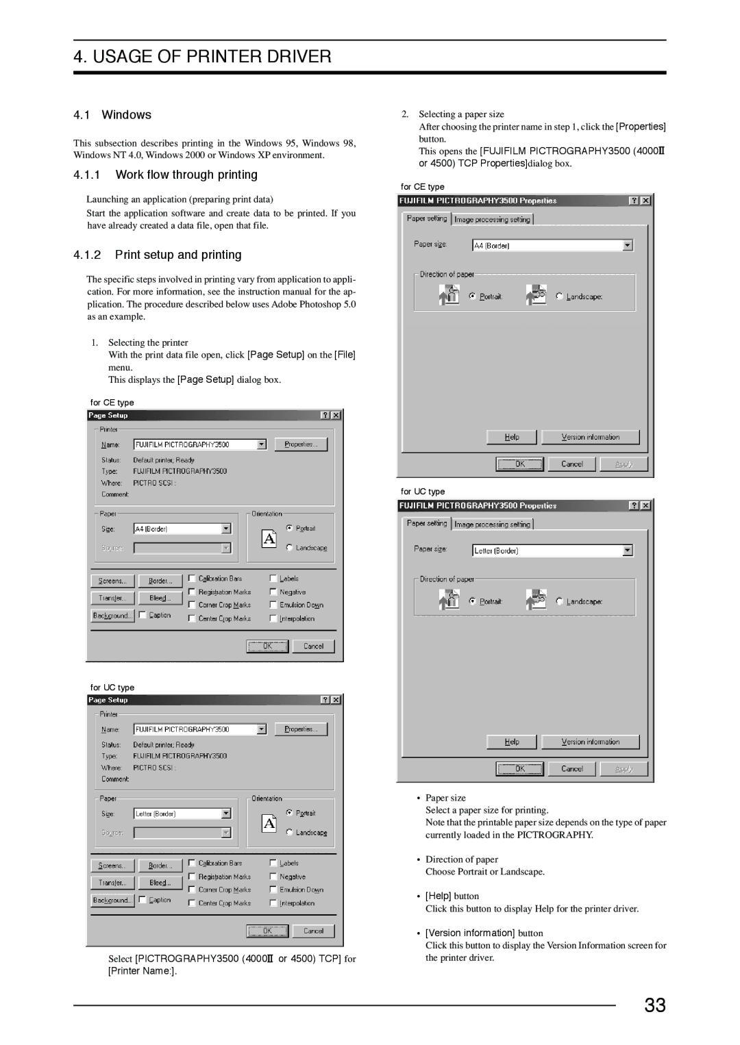 FujiFilm 4500, 3500, 40002 Work flow through printing, Print setup and printing, Help button, Version information button 