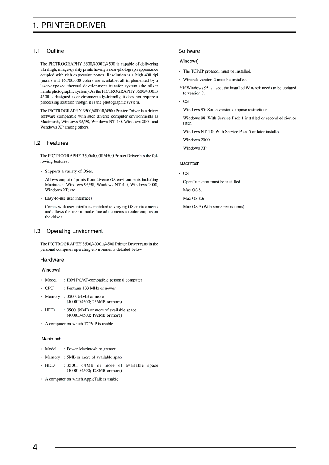 FujiFilm 3500, 40002, 4500 manual Outline, Features, Software, Operating Environment, Hardware 