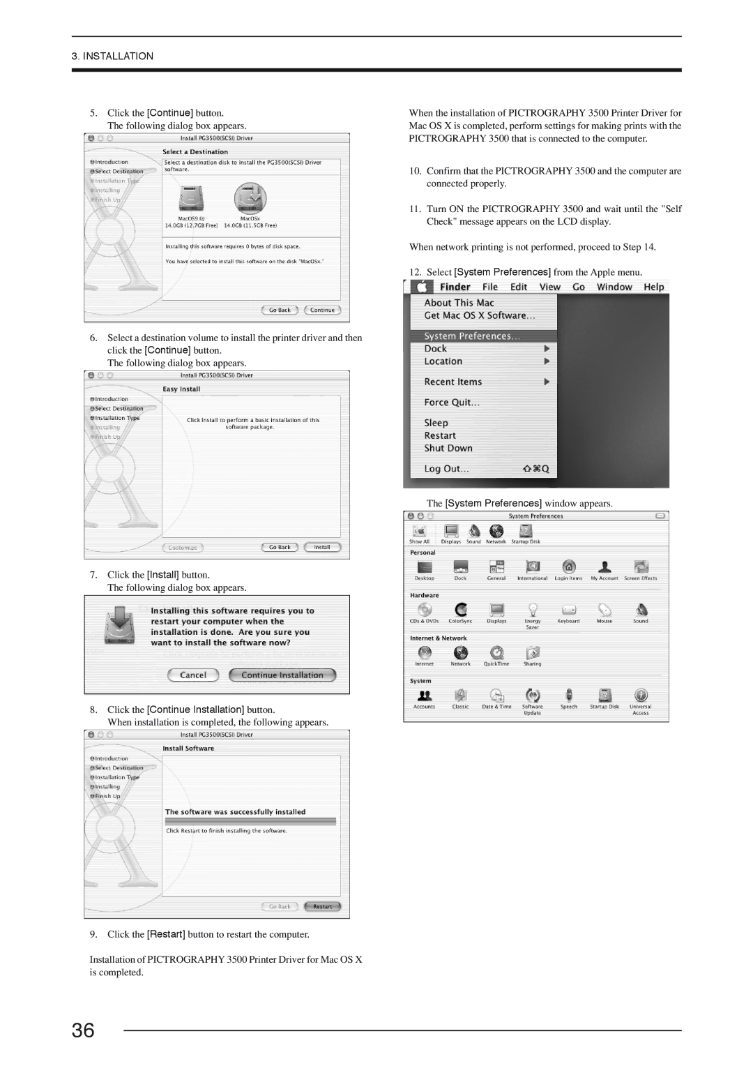 FujiFilm 3500 instruction manual Click the Continue Installation button, System Preferences window appears 