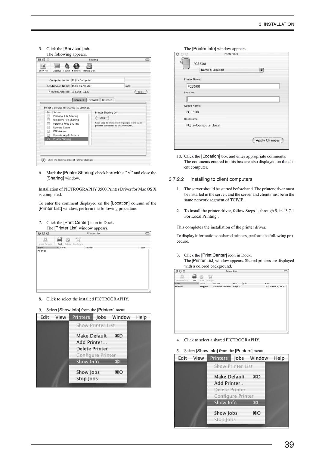 FujiFilm 3500 instruction manual Mark the Printer Sharing check box with a √ and close, Sharing window 