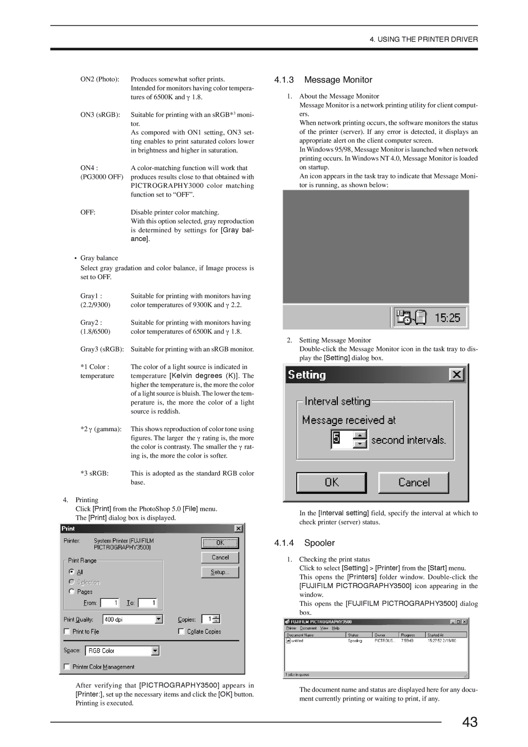 FujiFilm 3500 instruction manual Message Monitor, Spooler, Ance, Temperature Kelvin degrees K 