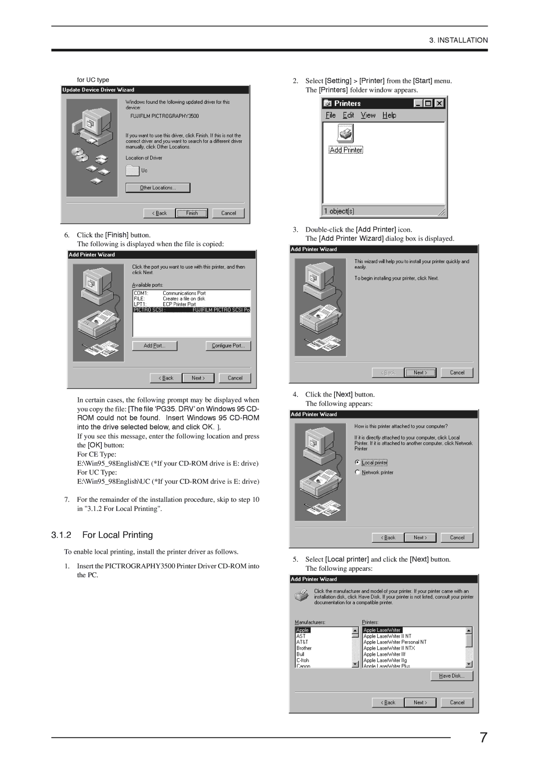 FujiFilm 3500 instruction manual For Local Printing, Installation 