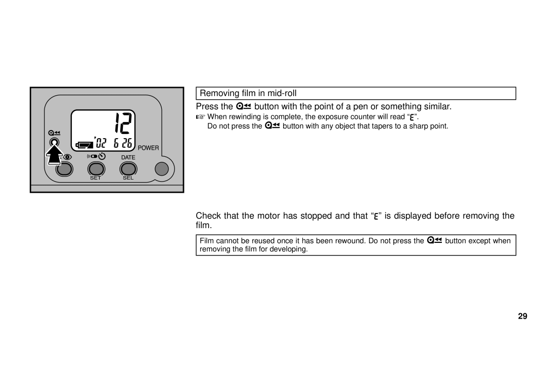 FujiFilm 38-125mm owner manual When rewinding is complete, the exposure counter will read 