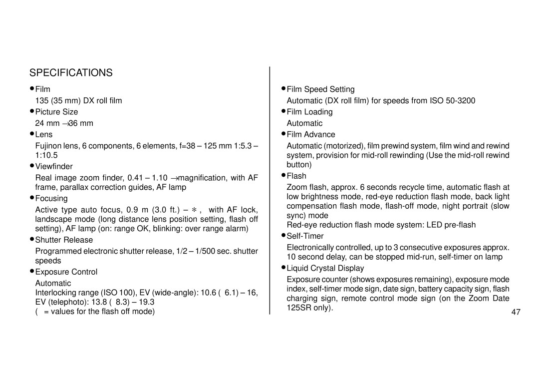 FujiFilm 38-125mm owner manual Specifications, Viewfinder 