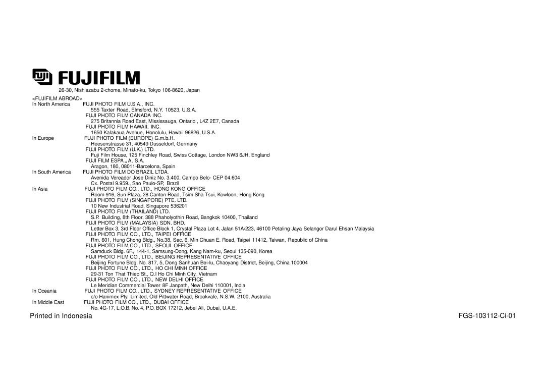 FujiFilm 38-125mm owner manual FGS-103112-Ci-01 