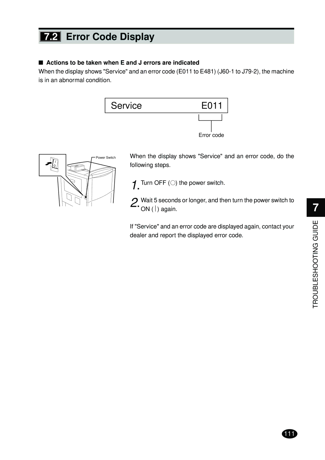 FujiFilm 4500N instruction manual Error Code Display, Actions to be taken when E and J errors are indicated 