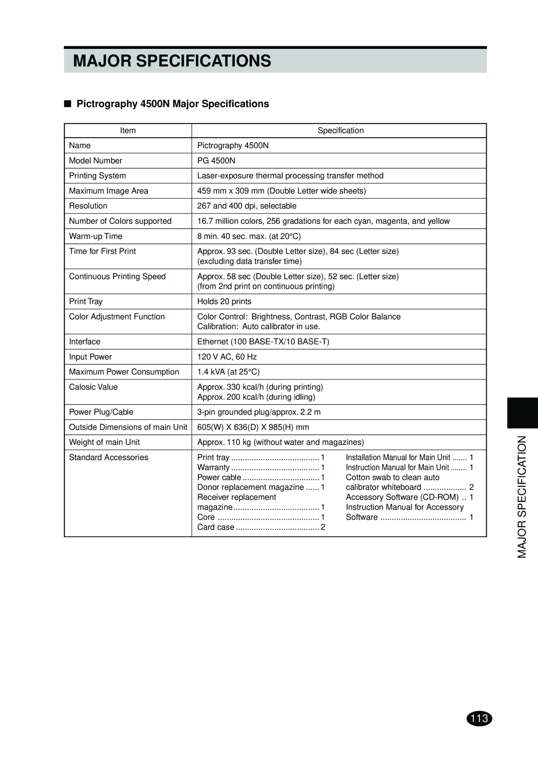 FujiFilm instruction manual Pictrography 4500N Major Specifications 