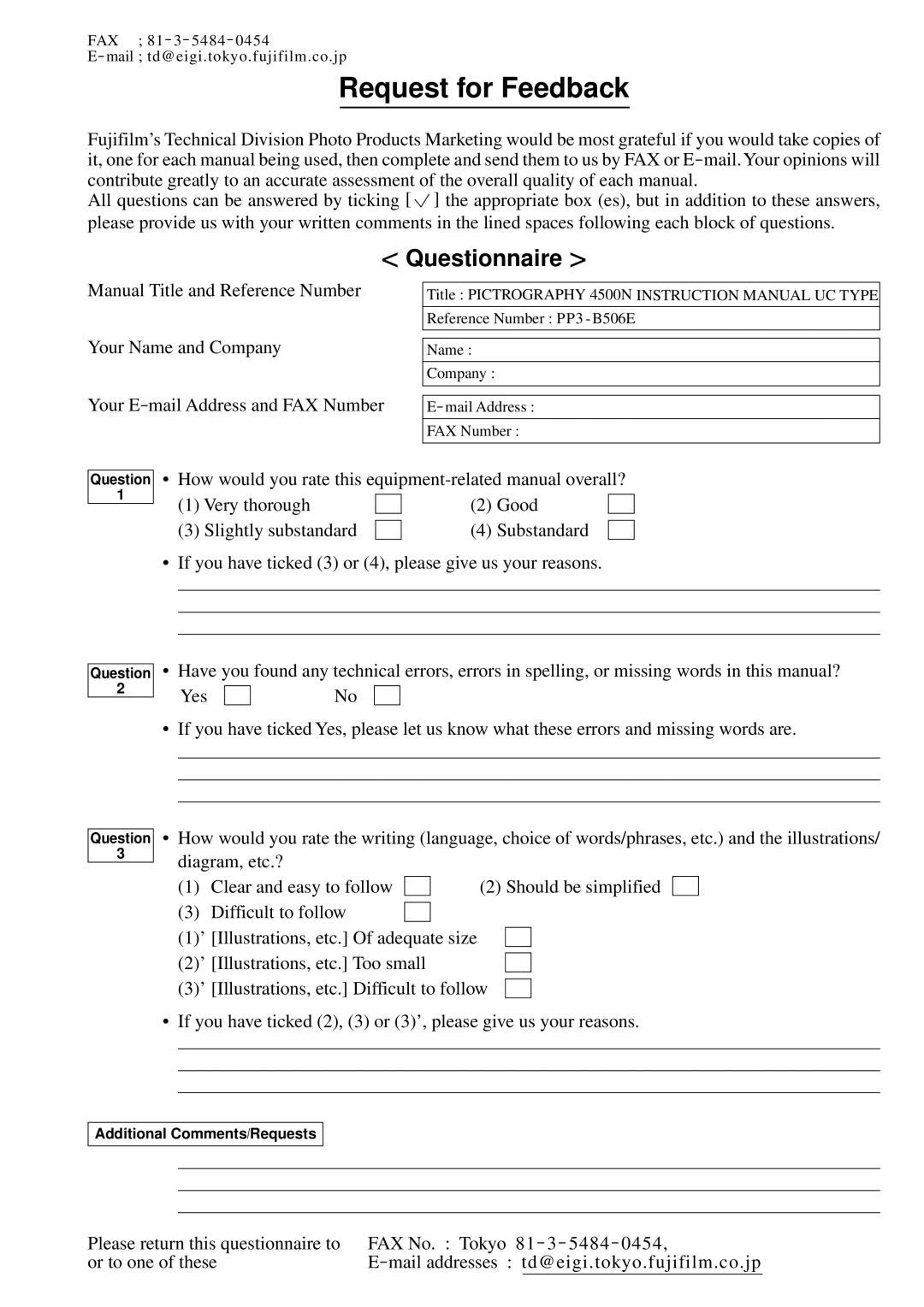 FujiFilm 4500N instruction manual Request for Feedback, Questionnaire 