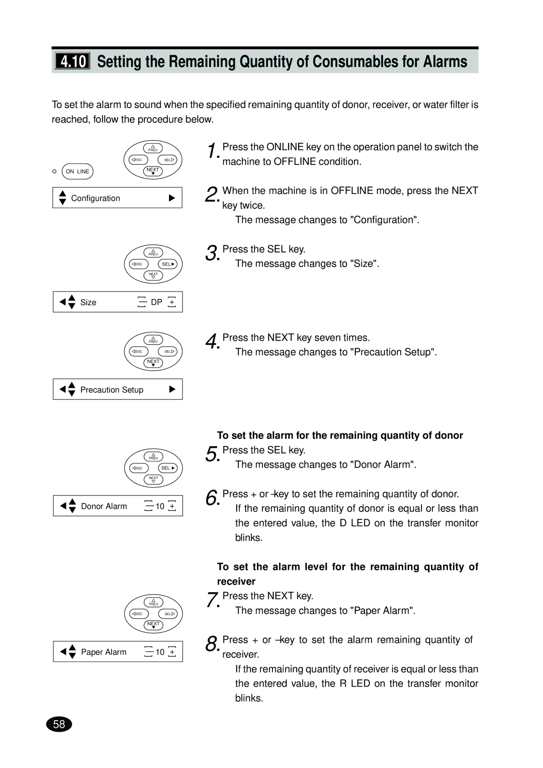 FujiFilm 4500N instruction manual To set the alarm for the remaining quantity of donor 