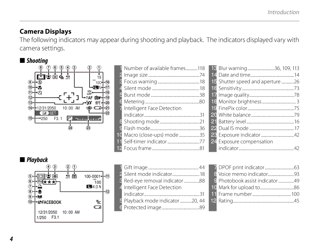 FujiFilm 600011859 owner manual Camera Displays, Shooting, Playback 