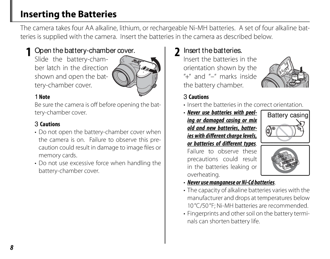 FujiFilm 600011859 owner manual Inserting the Batteries, Insert the batteries in the correct orientation 