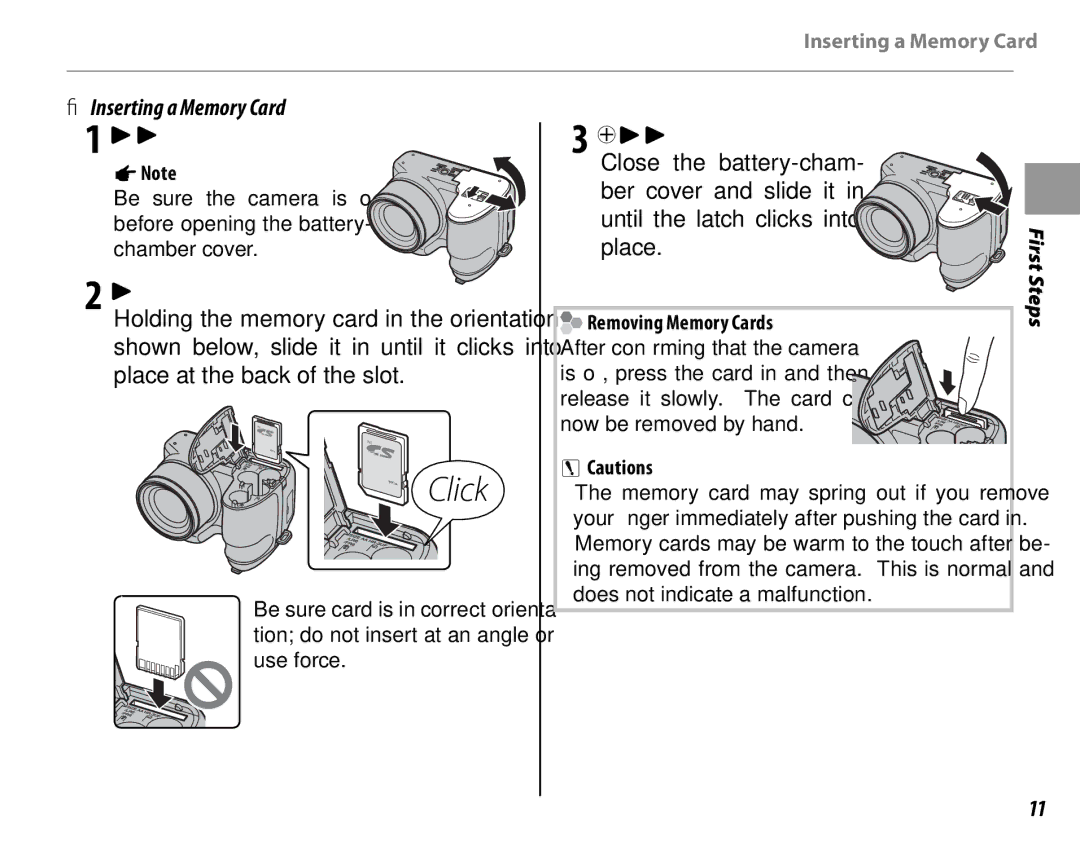 FujiFilm 600011859 owner manual Inserting a Memory Card, Open the battery-chamber cover, Insert the memory card, 1Note 