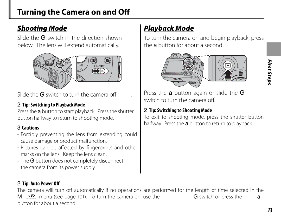 FujiFilm 600011859 owner manual Turning the Camera on and Off, Shooting Mode, Playback Mode 