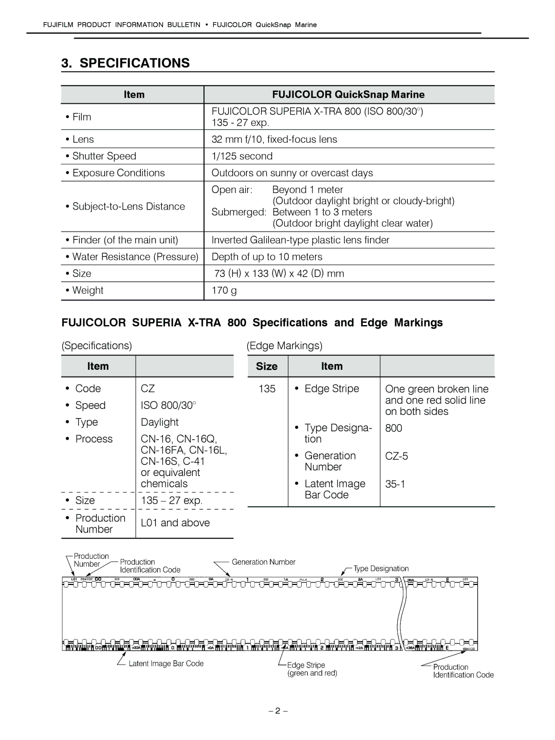 FujiFilm 7025227 manual Specifications, Fujicolor QuickSnap Marine, Size 