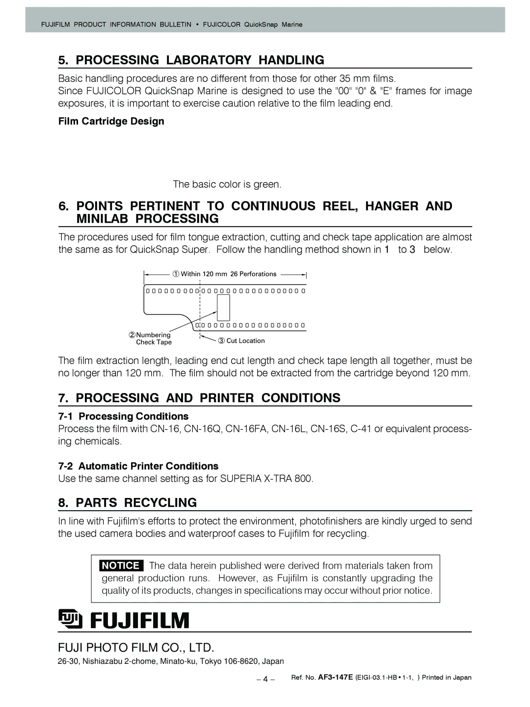 FujiFilm 7025227 manual Processing Laboratory Handling, Processing and Printer Conditions, Parts Recycling 